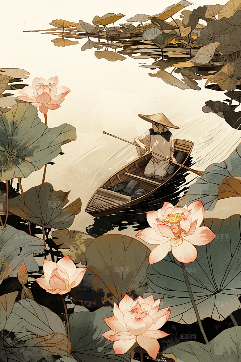 夏日赏荷美景赏花插画
