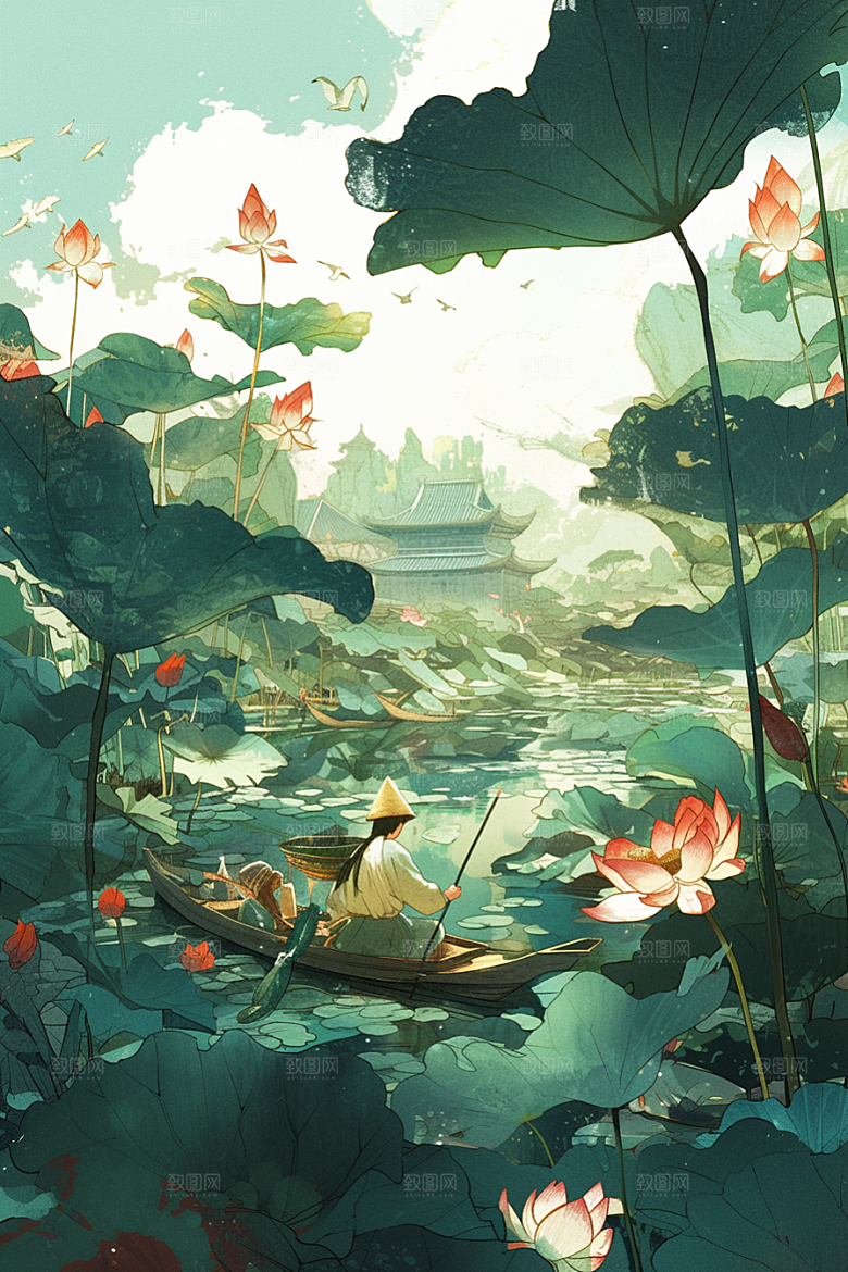夏日赏荷手绘景色插画