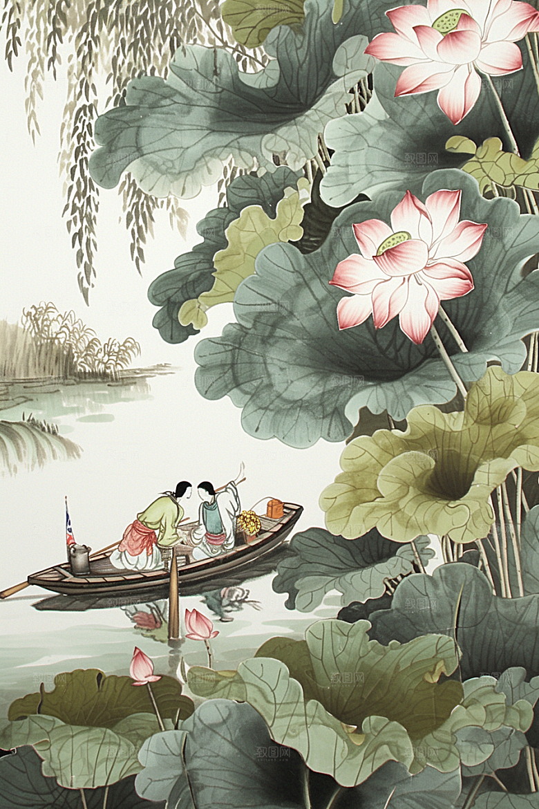 夏日赏荷乘船荷花插画