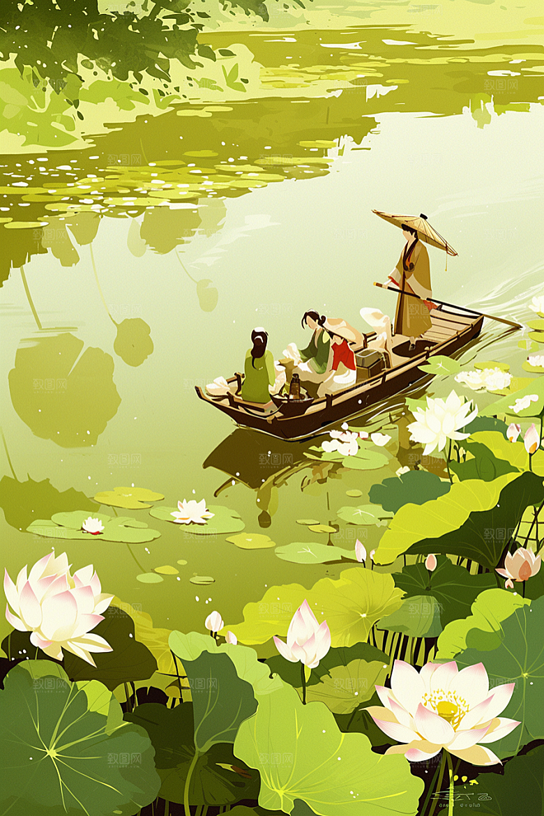 夏日赏荷荷花美景插画
