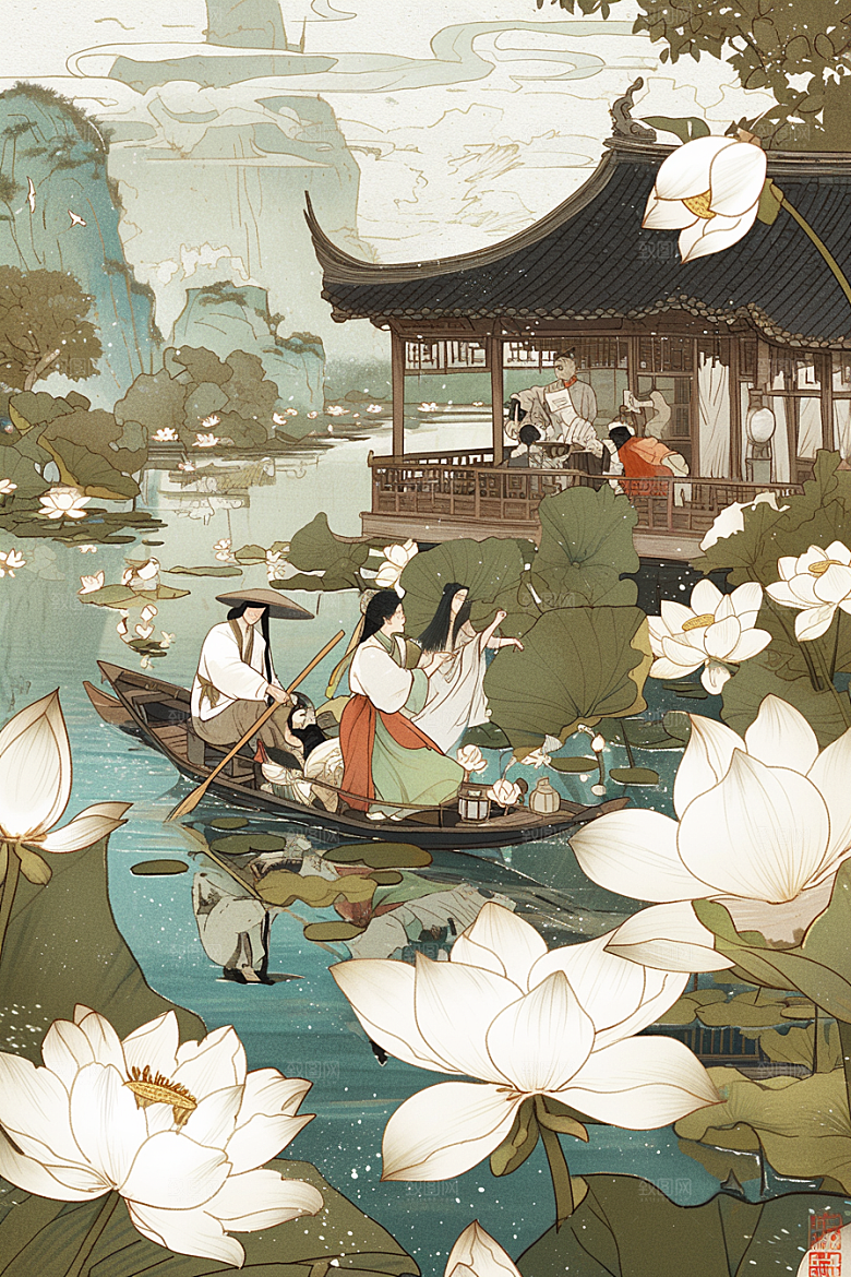 夏日赏荷乘船高清插画