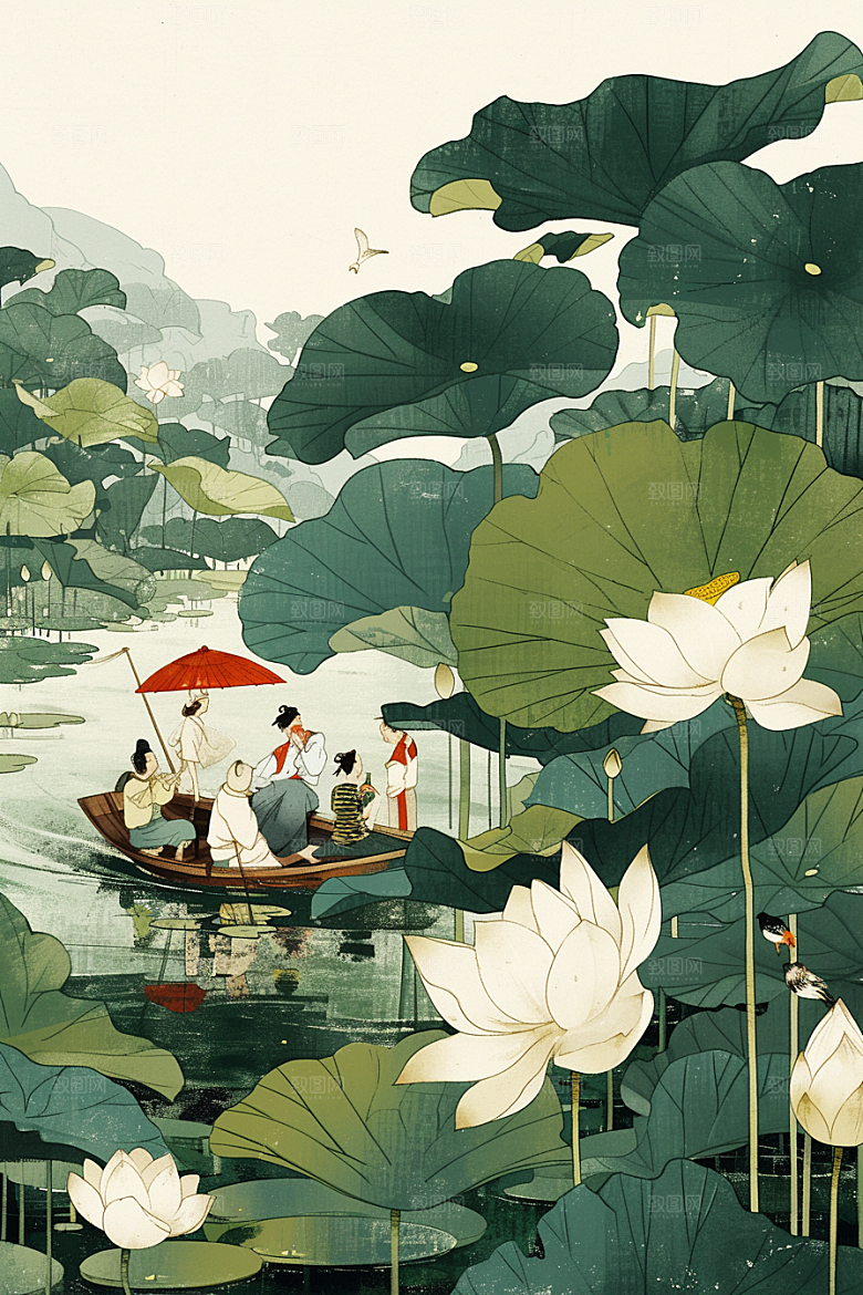 夏日赏荷乘船夏季插画