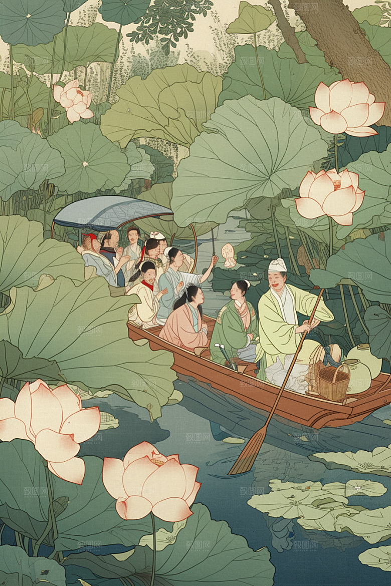 夏日赏荷手绘自然插画