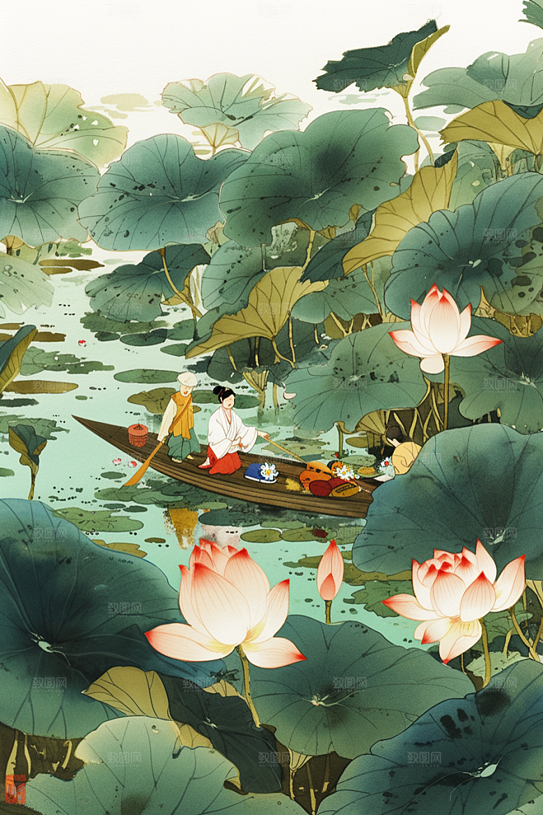 夏日赏荷游船赏花插画