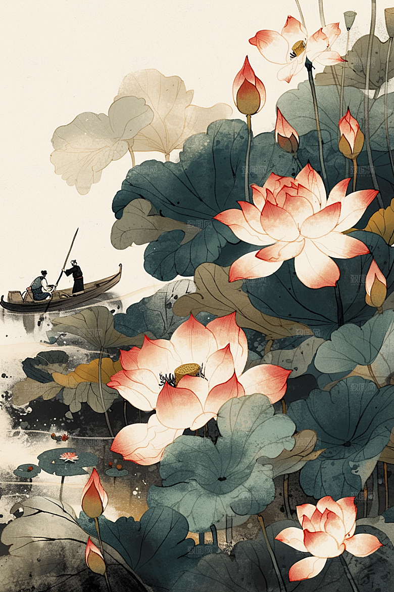 夏日赏荷莲华赏花插画