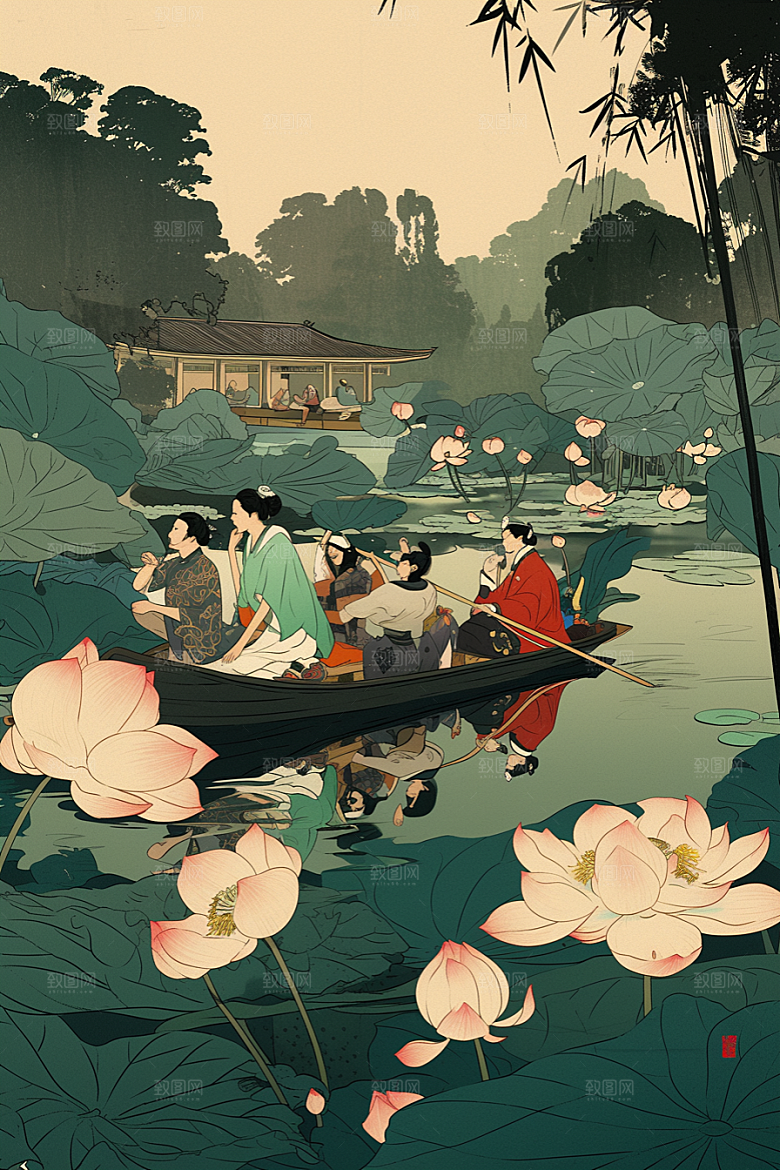 夏日赏荷游船景色插画