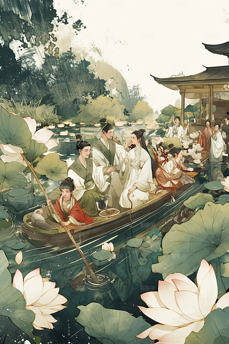 夏日赏荷池塘手绘插画