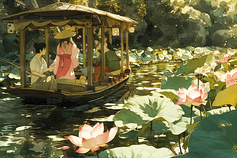 夏日赏荷荷塘美景插画