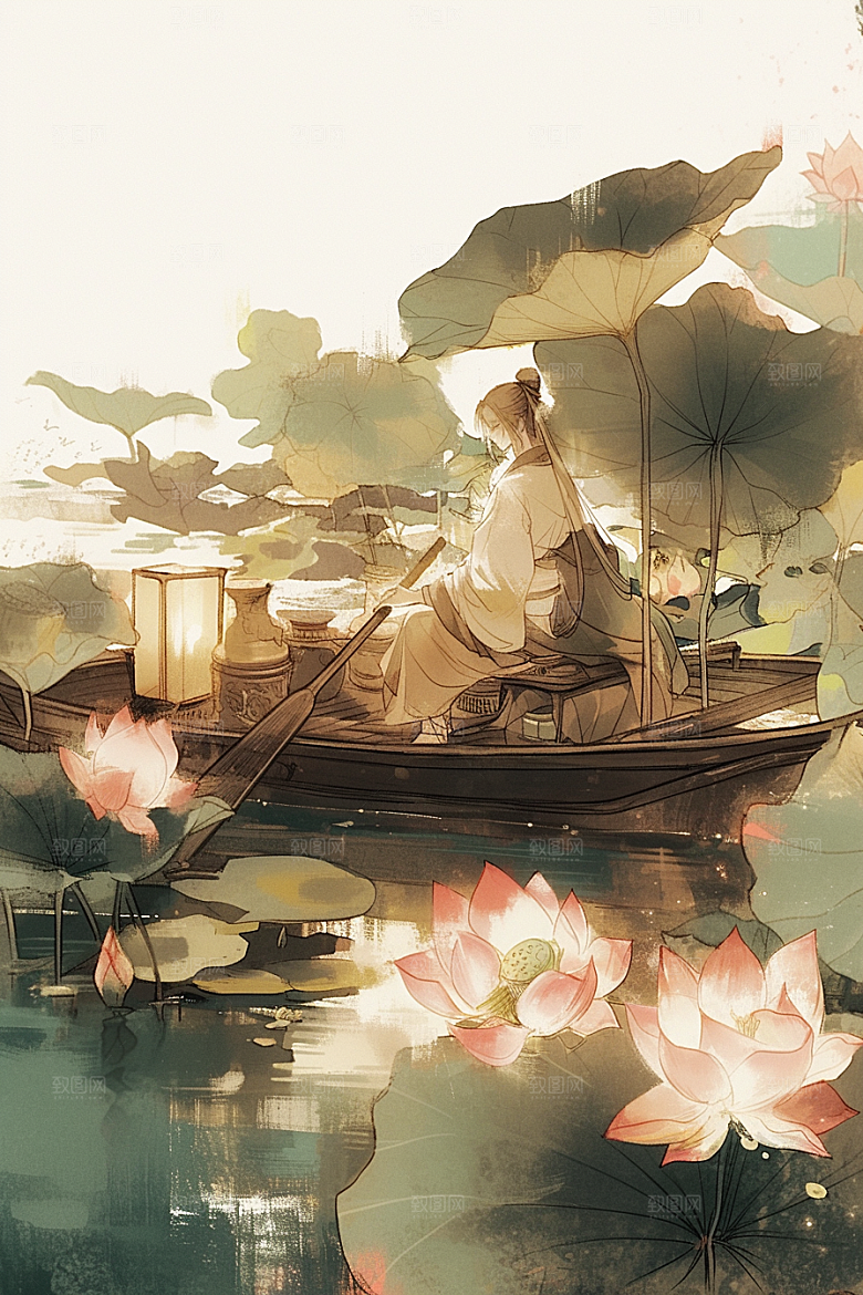 夏日赏荷手绘中国风插画