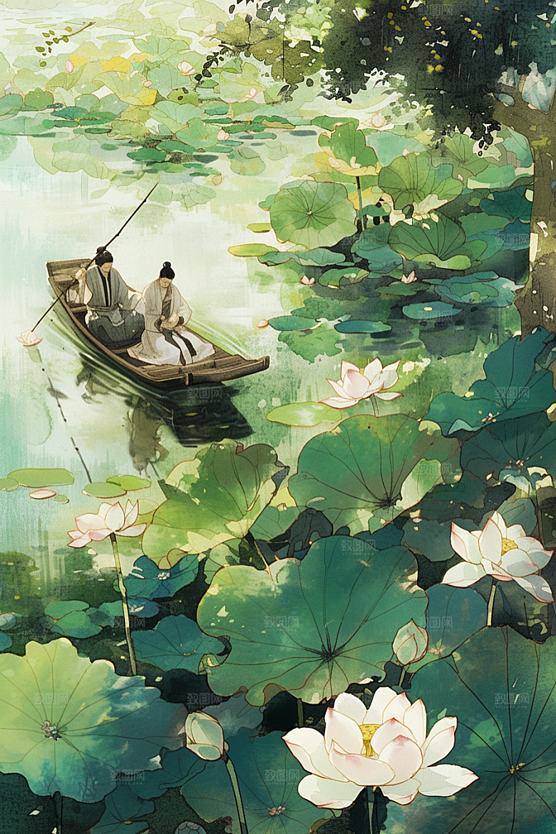 夏日赏荷中国风池塘插画