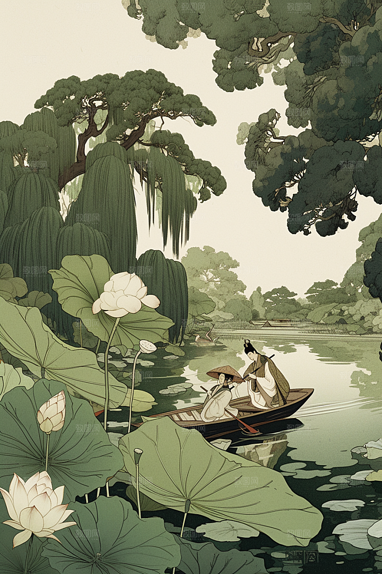 夏日赏荷中国风景色插画