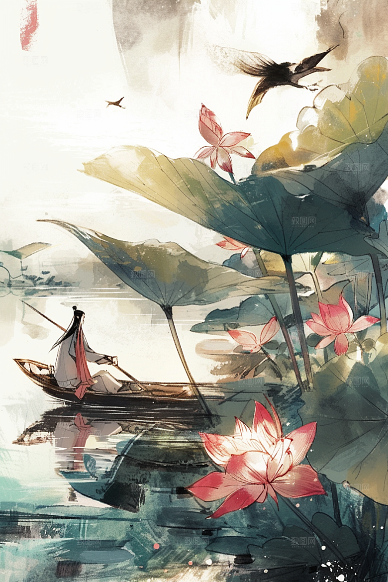 夏日赏荷夏季高清插画