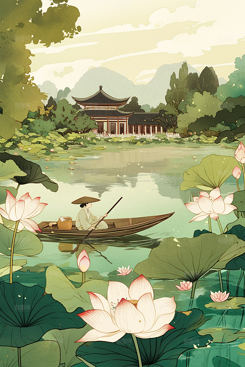 夏日赏荷夏天池塘插画