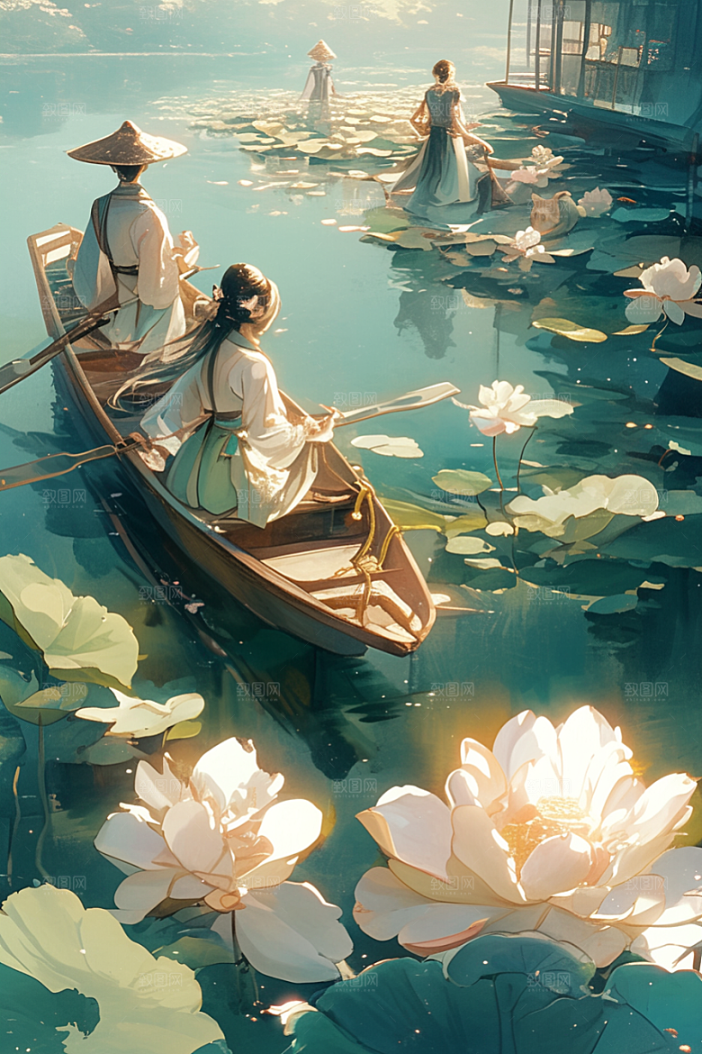 夏日赏荷美景乘船插画
