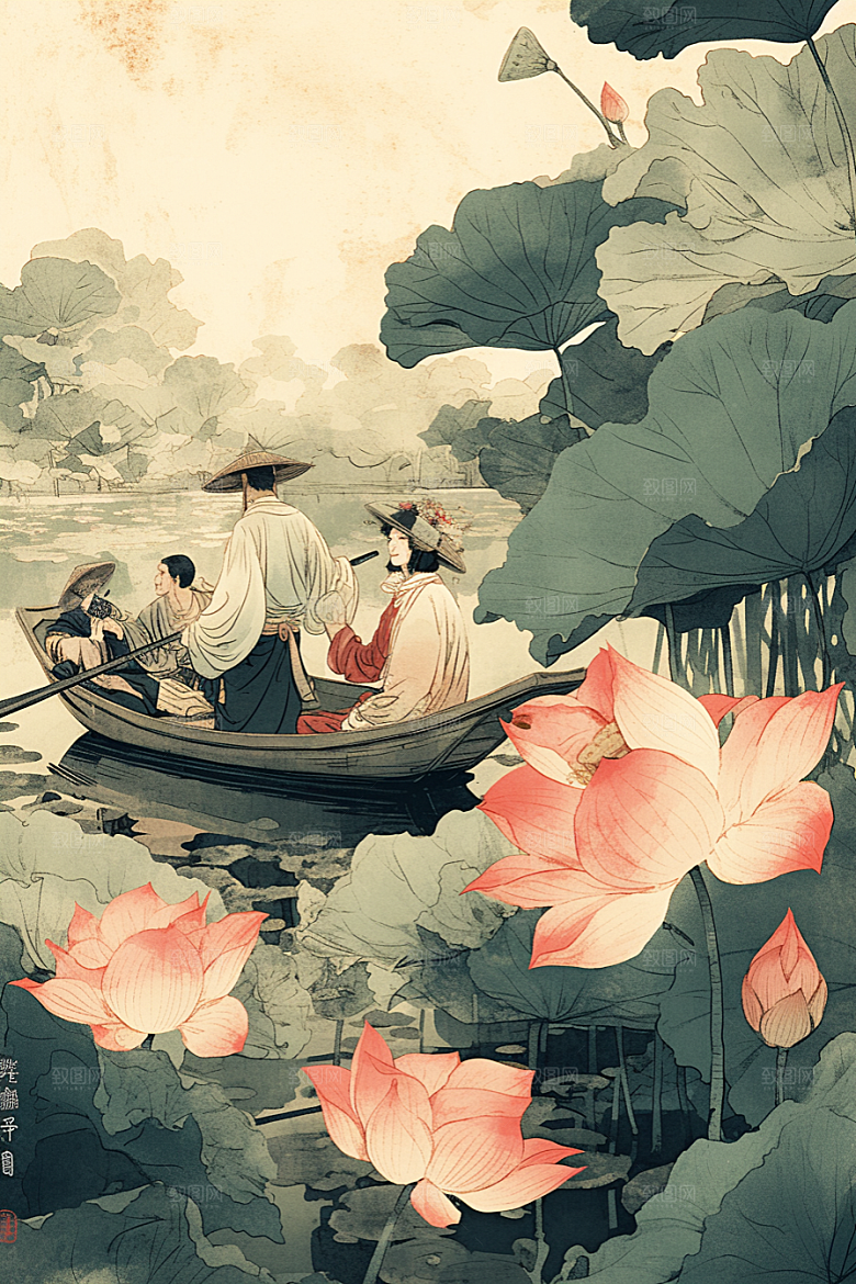 夏日赏荷赏花景色插画