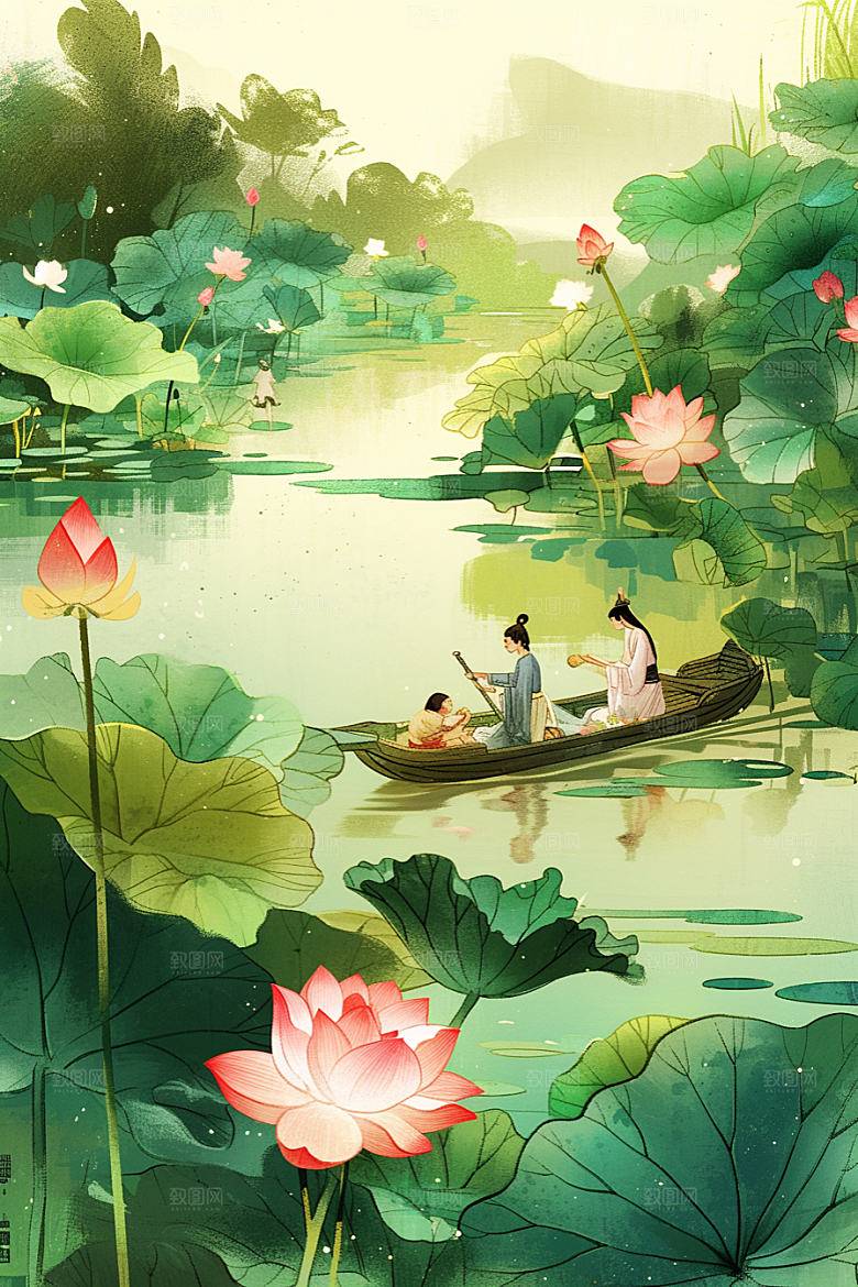 夏日赏荷乘船夏天插画