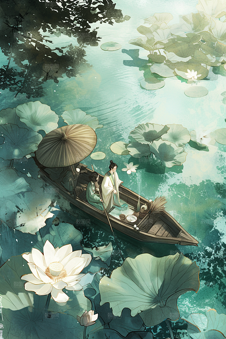 夏日赏荷美景中国风插画