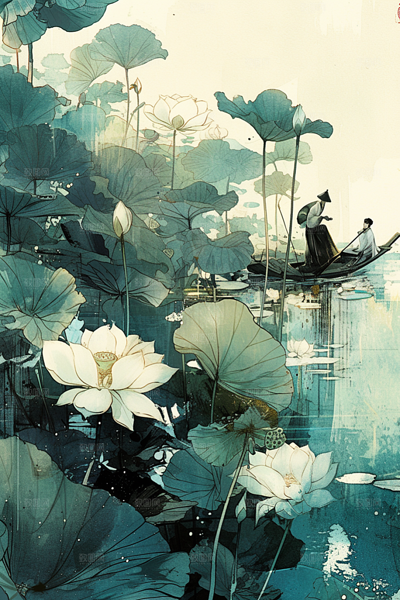 夏日赏荷高清池塘插画