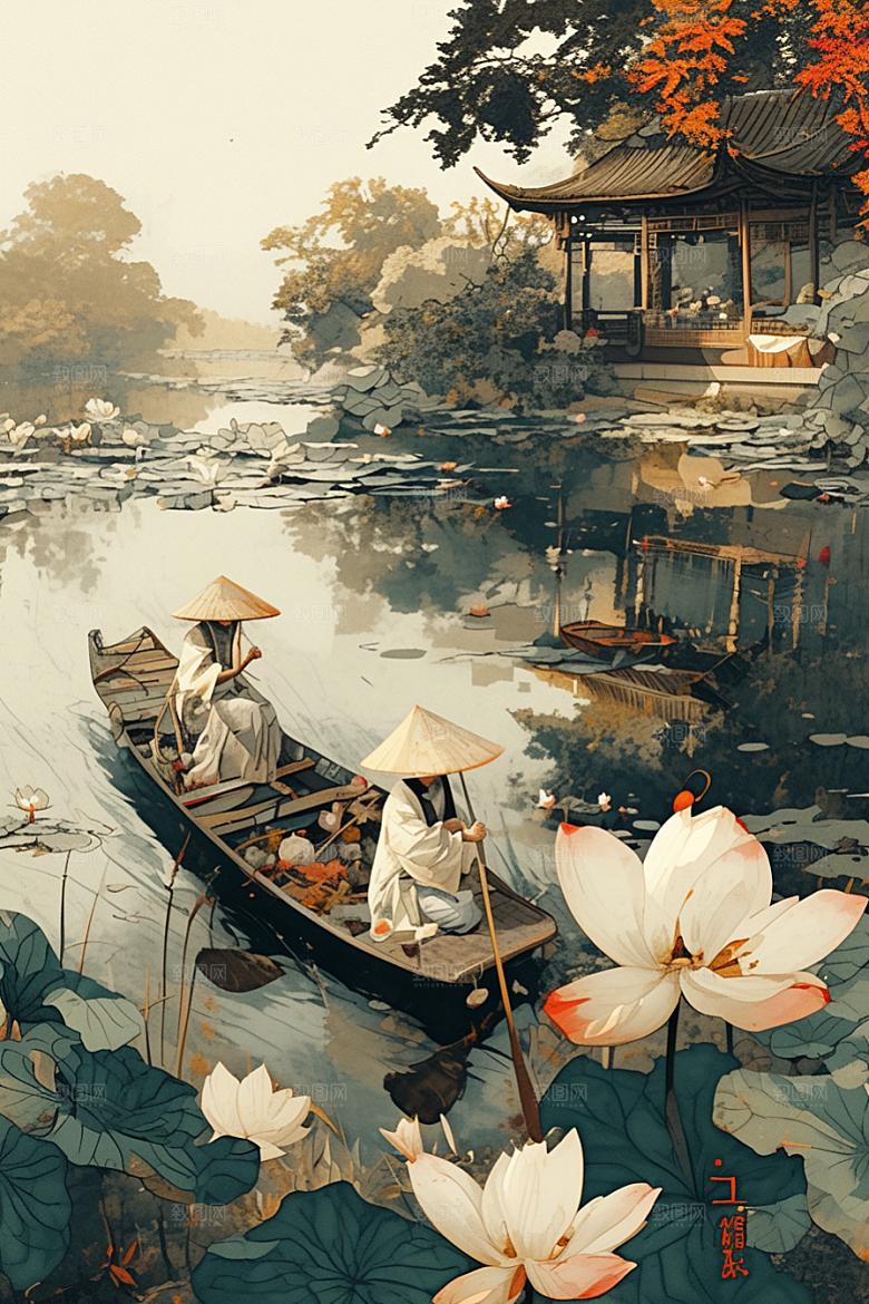 夏日赏荷荷塘中国风插画