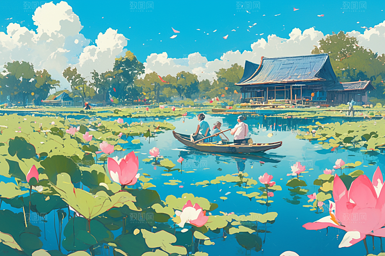 夏日赏荷手绘莲华插画