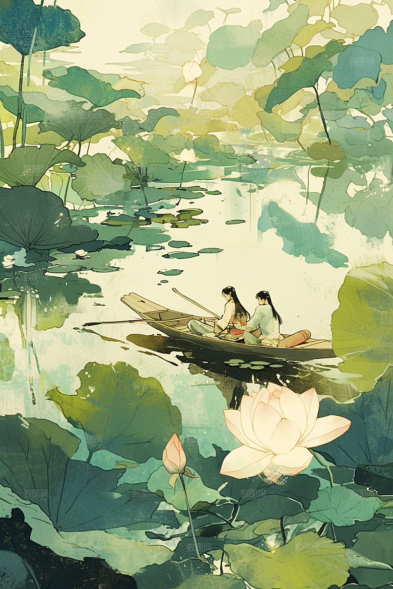 夏日赏荷莲华景色插画