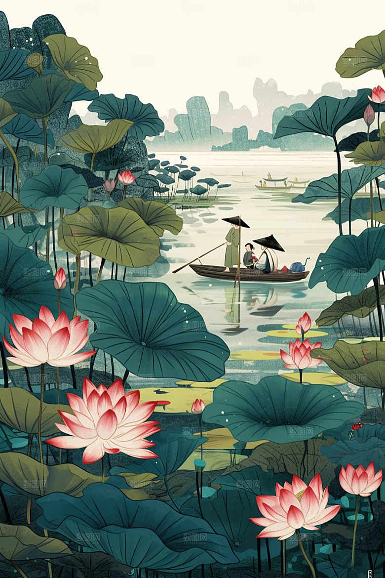 夏日赏荷莲华中国风插画