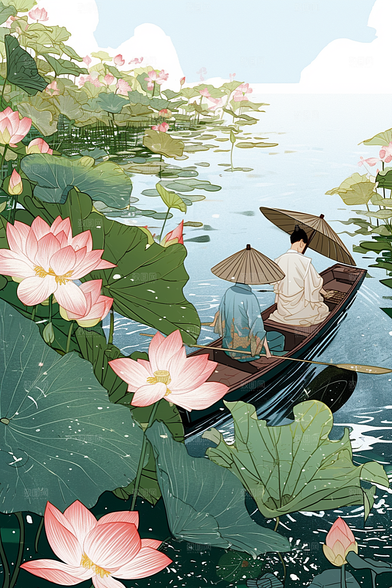 夏日赏荷美景荷花插画