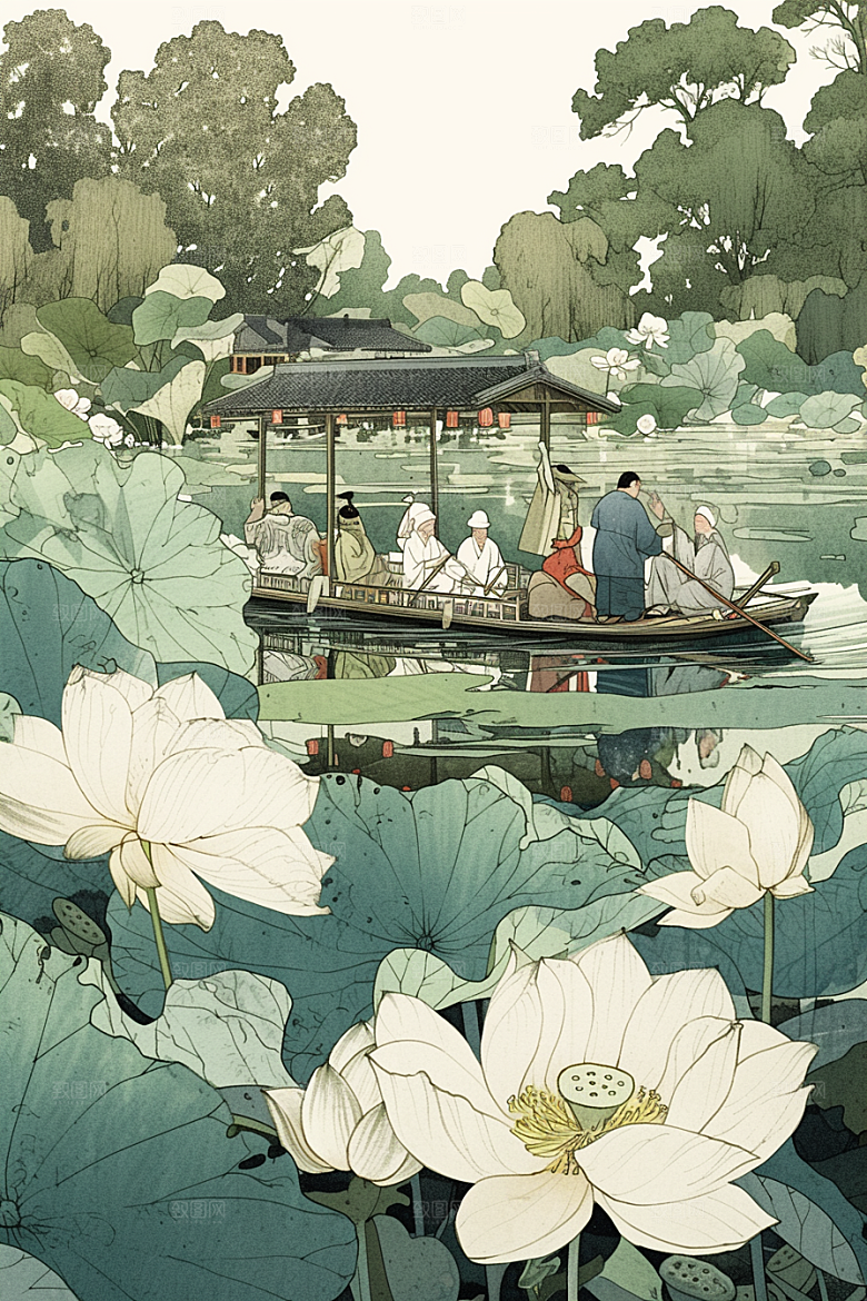 夏日赏荷夏季美景插画