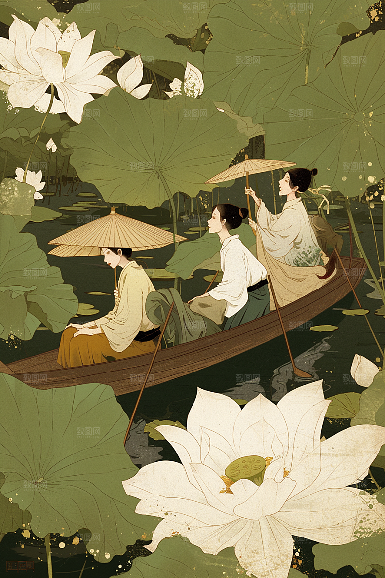 夏日赏荷中国风池塘插画