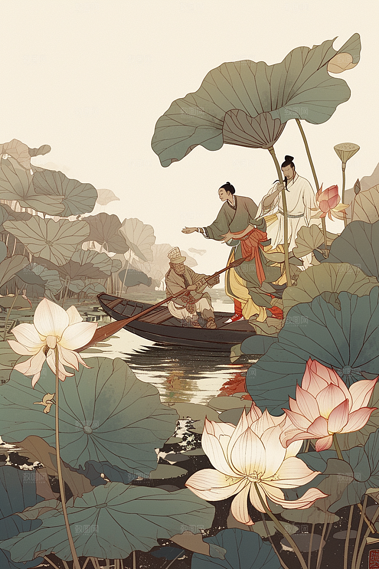 夏日赏荷中国风景色插画