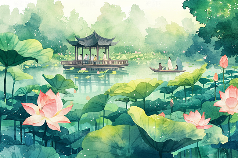 夏日赏荷游船乘船插画