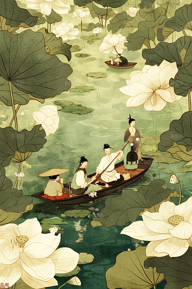 夏日赏荷美景莲华插画