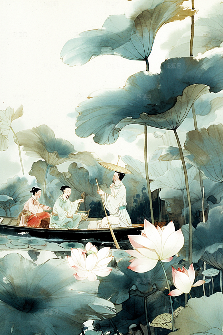 夏日赏荷池塘手绘插画