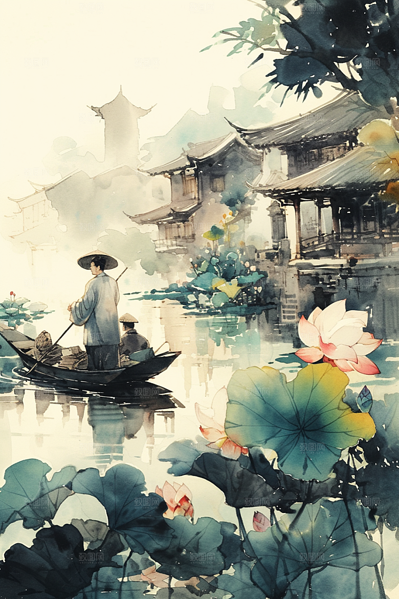 夏日赏荷中国风高清插画