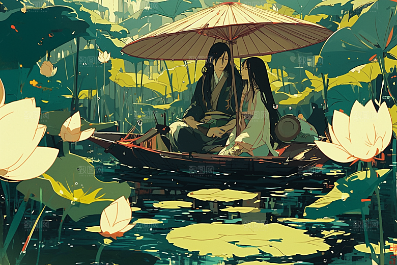 夏日赏荷美景夏季插画