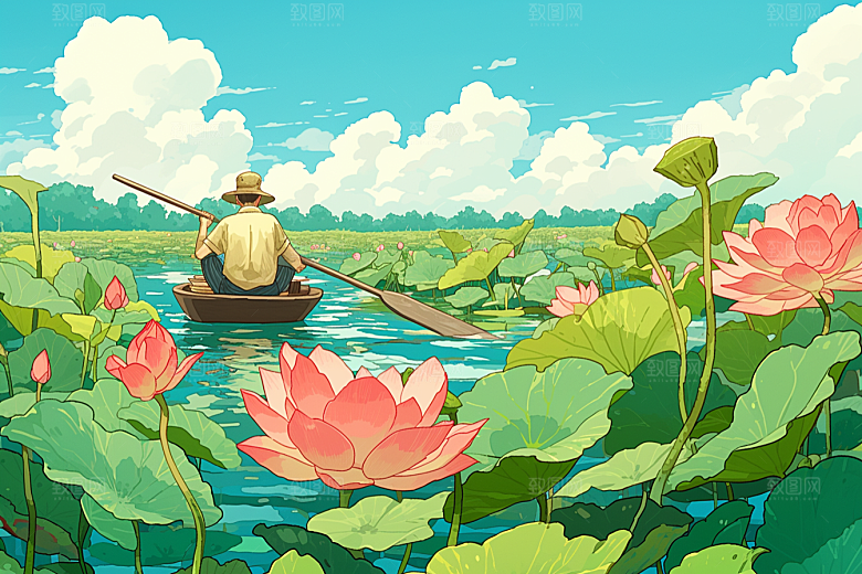 夏日赏荷中国风莲华插画