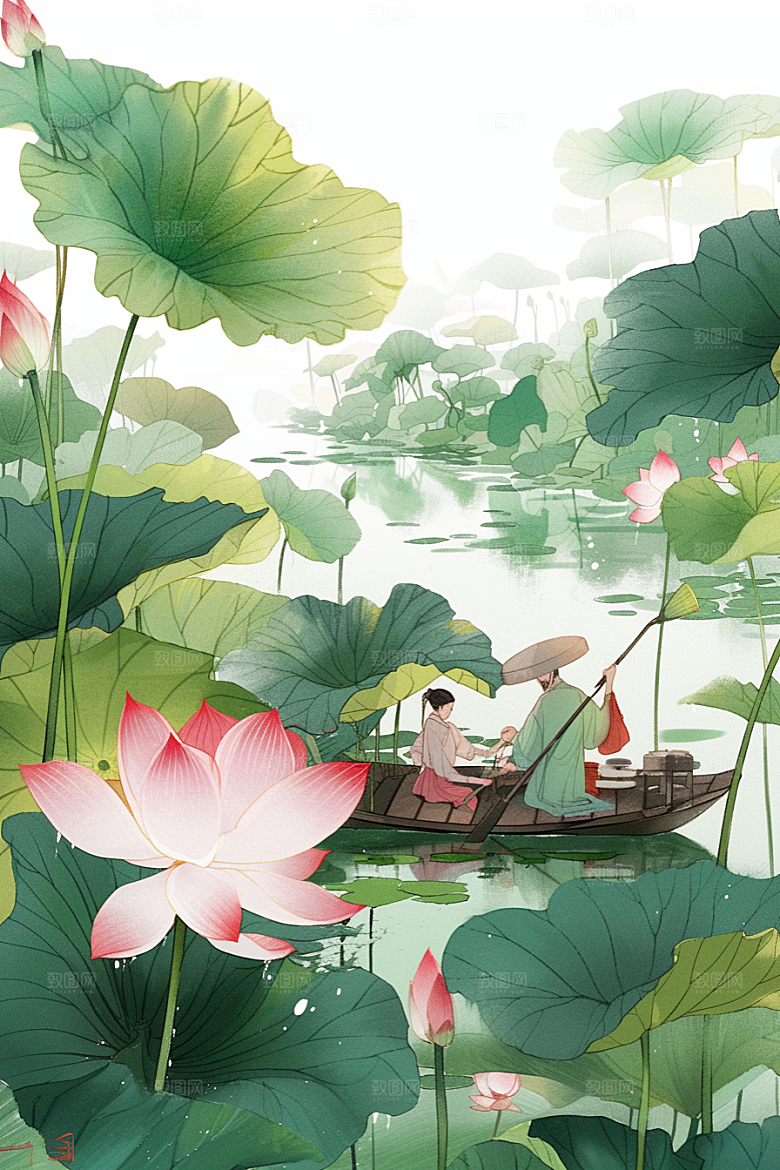 夏日赏荷赏花乘船插画