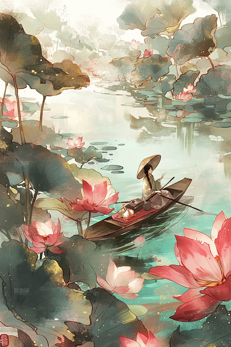夏日赏荷池塘莲华插画
