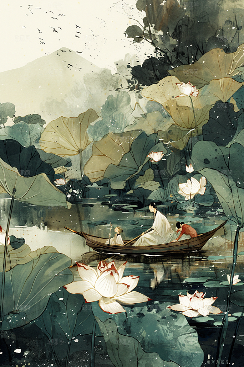 夏日赏荷莲华美景插画