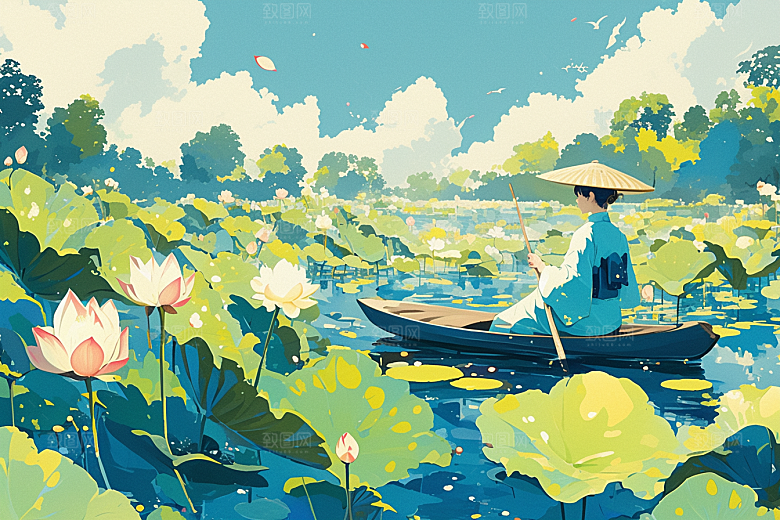 夏日赏荷手绘自然插画