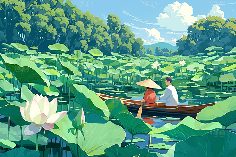 夏日赏荷池塘游船插画