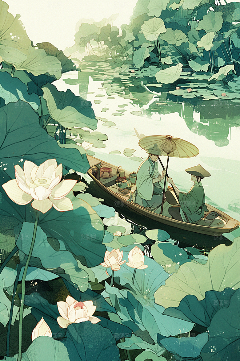 夏日赏荷莲华夏天插画