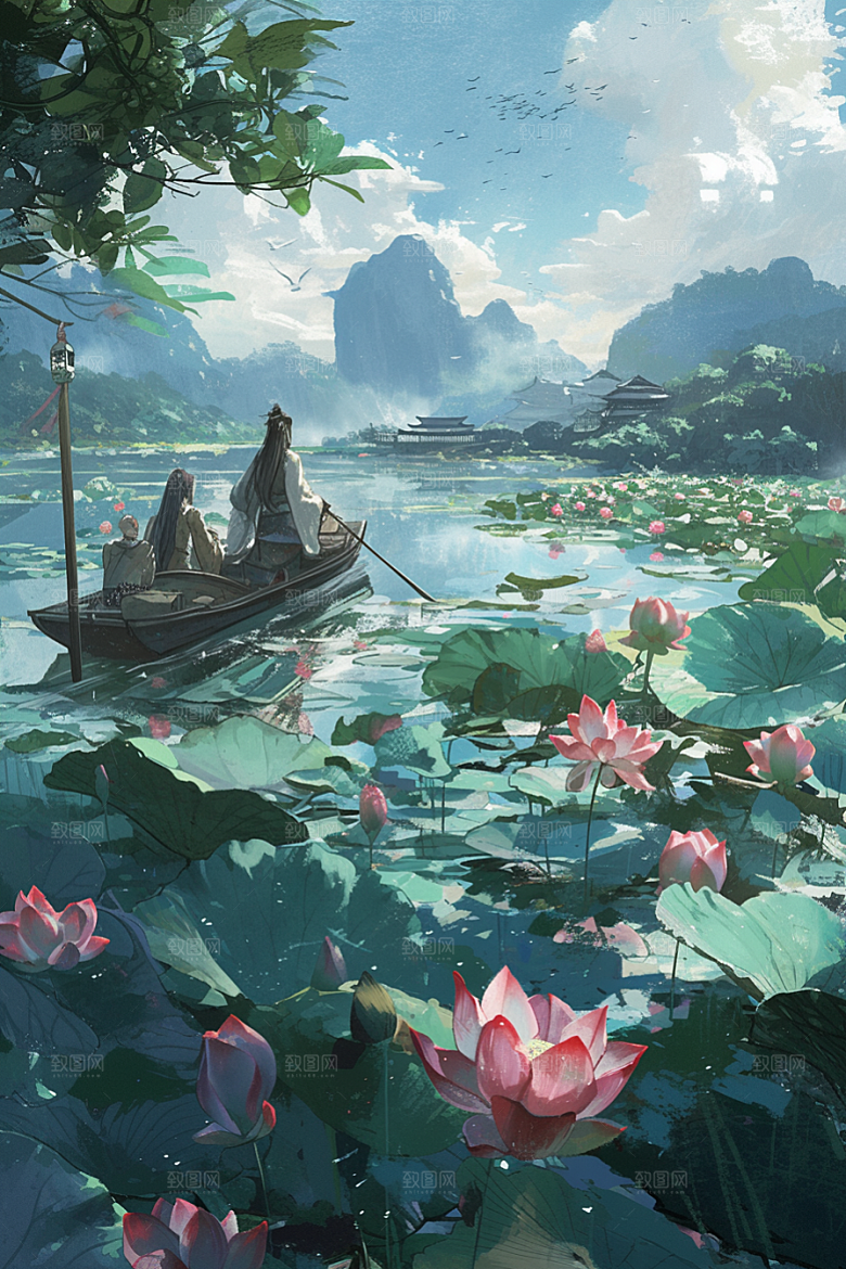 夏日赏荷夏天中国风插画