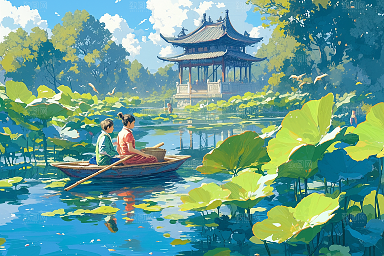 夏日赏荷高清乘船插画