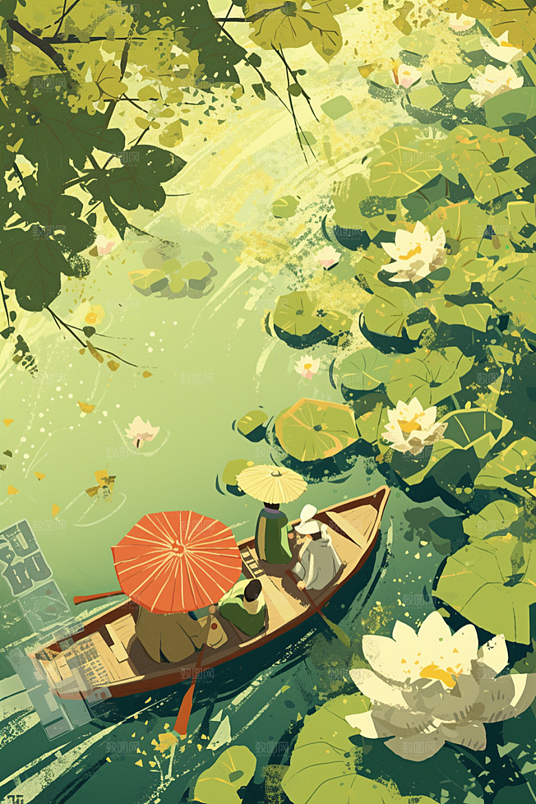 夏日赏荷手绘池塘插画