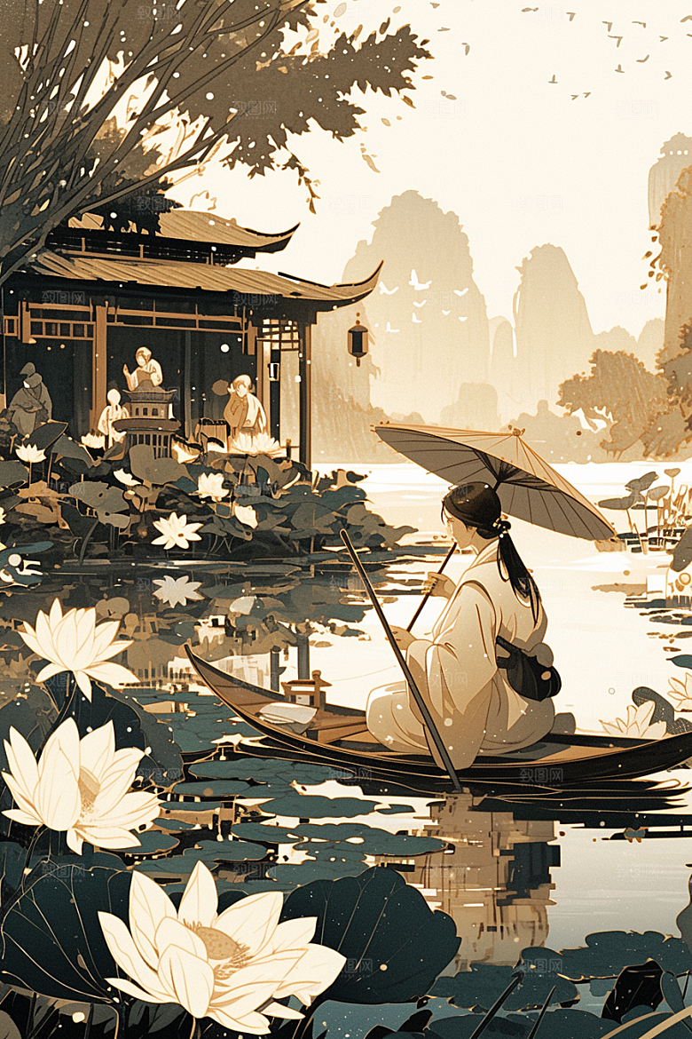 夏日赏荷池塘游船插画