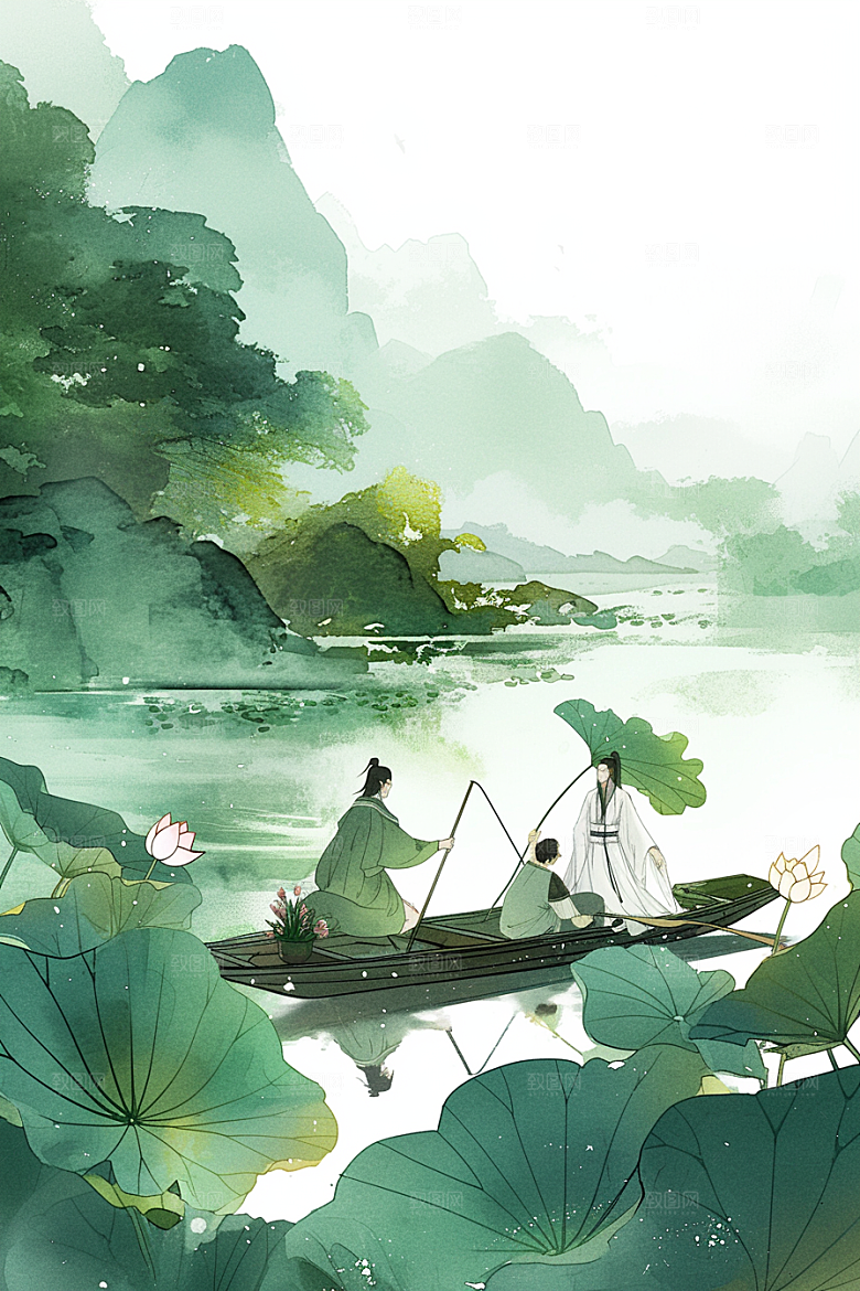 夏日赏荷景色游船插画