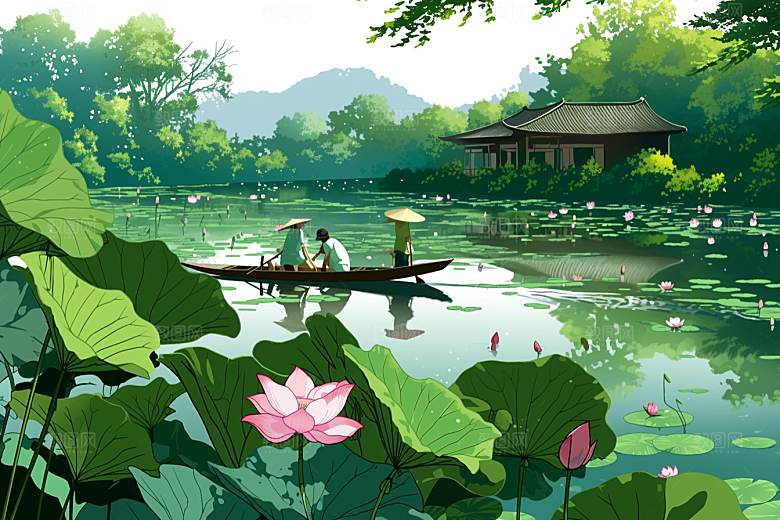 夏日赏荷游船高清插画