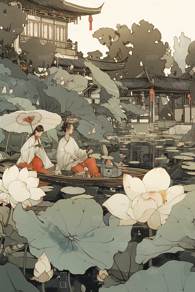 夏日赏荷夏天池塘插画