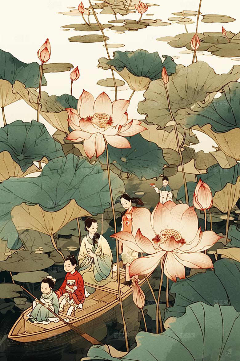 夏日赏荷中国风莲华插画